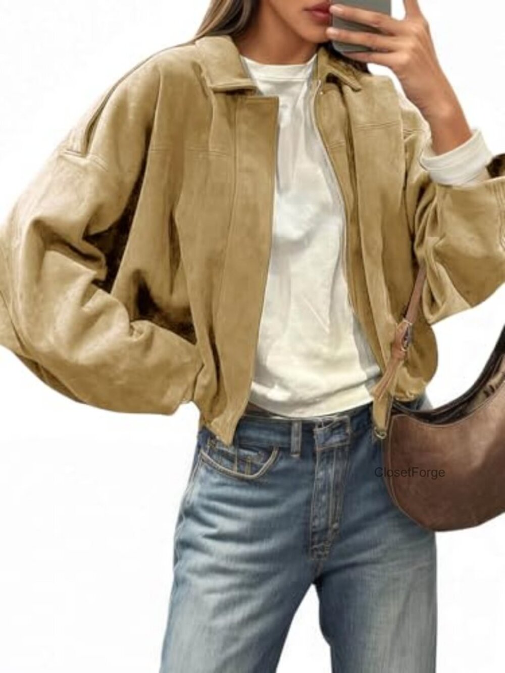 Faux Suede Bomber Jacket Oversized Cropped Zip Up Casual Coat